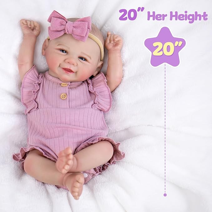 Aori Lifelike Reborn Baby Dolls - 20 Inch Realistic Smiling Girl Newborn Baby Doll with Weighted Body for Cuddling Poseable Soft Vinyl Limbs with Purple Outfit Set for Girls 3+