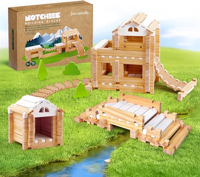 Jovi-mindly＆Notchies 96 PCS Wooden Blocks Wooden Toys with Storage Bag, Preschool Learning Toys Wood Blocks Building for Kids Ages 4-8 Creative Construction Game,FSC Certified,Easter Toys Gifts