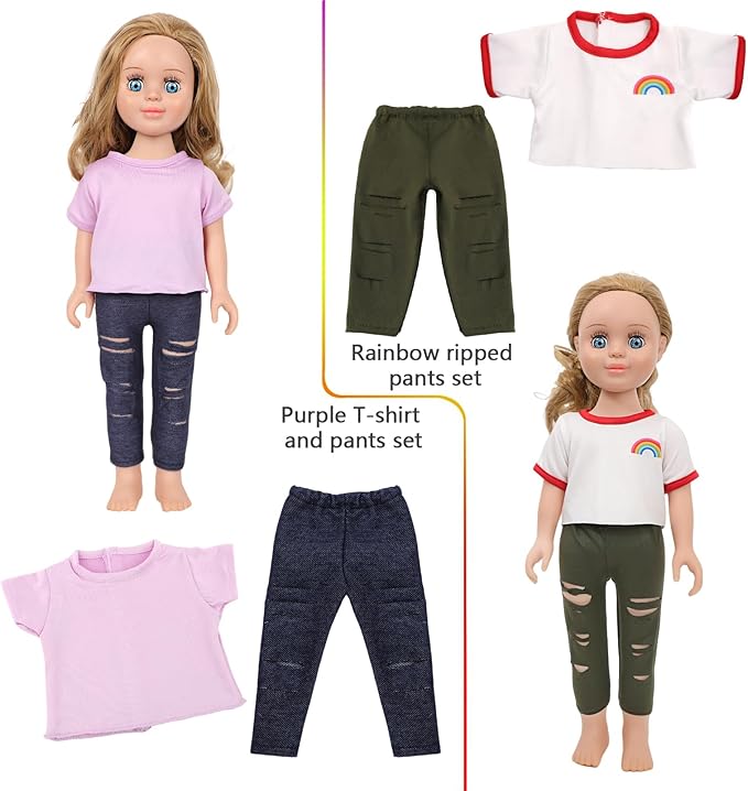 MSYO 10 Sets (18 Pcs) Doll Clothes for 17-18 Inch Dolls, Diverse Outfits (Floral Dress, Heart Print, Rainbow Shirt) & Casual Wear, Fashion Dress-Up Set