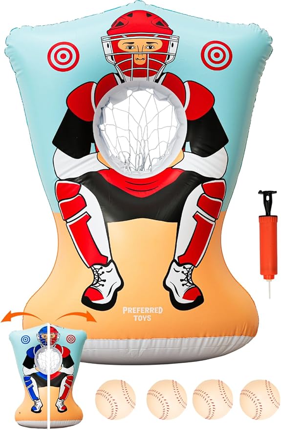 Inflatable Baseball Pitching Target for Kids 3 and Above - Double-Sided Throwing Toss Game with 4 Soft Balls - Indoor Outdoor Baseball Toys Training Equipment - Red/Blue