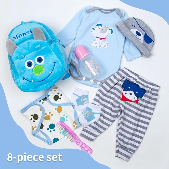 PEDOLLTREE 8 Pcs Reborn Baby Boy Doll Clothes Accessories Blue Puppy Set with Backpack Diaper for 17-22 Inch Reborn Doll Newborn Baby Boy