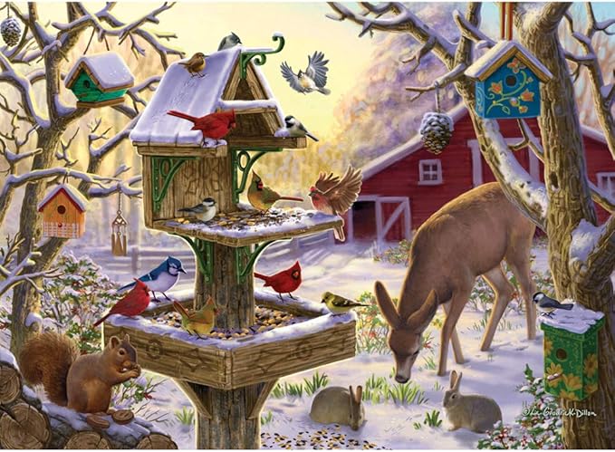 Bits and Pieces – 200 Piece Jigsaw Puzzle for Adults – Sunrise Feasting - Winter Barn Deer Jigsaw Puzzle by Liz Goodrick - Dillon, Completed Puzzle Size: 15" x 19"