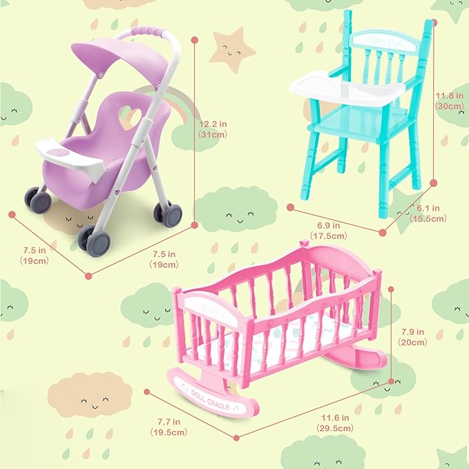 deAO Baby Doll Set Play Set Includes Miniature Crib,Mobile High Chair Stroller,12PCS Baby Doll Accessories,Great Pretend Play Gift for 3+ Years Old Kids Girls Boys S