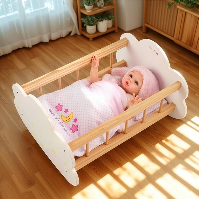 BABESIDE 2 Pcs Baby Doll Bedding Set for 12-15 Inch Dolls, Pink Polka Dot Baby Doll Blanket and Pillow Set with Cute Moon & Stars Pattern for Realistic Babydoll Accessories