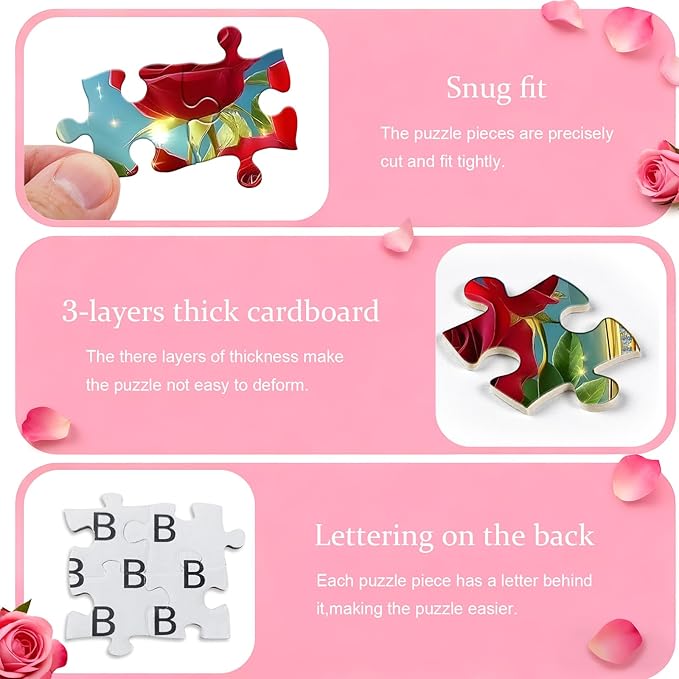 Heart Puzzles for Adults 1000 Pieces, Rose Flower Crystal Beach Romantic Valentine's Day Puzzle, Floral Love Puzzle Ocean Challenge Jigsaw Puzzle