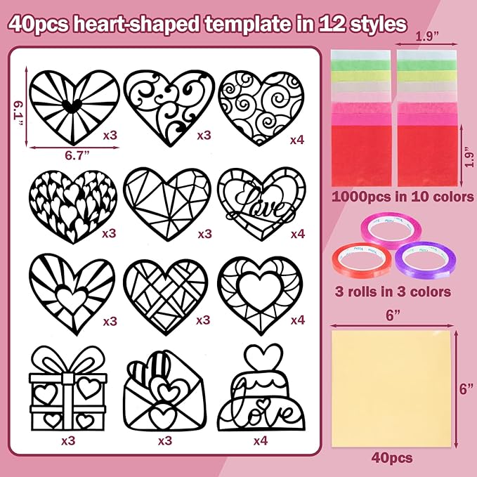 Renbuzhu 40PCS Valentines Day Crafts: Paper Heart Suncatchers, Christmas Valentine's Classroom DIY Kits, Window Stained Glass Effect Art Supplies