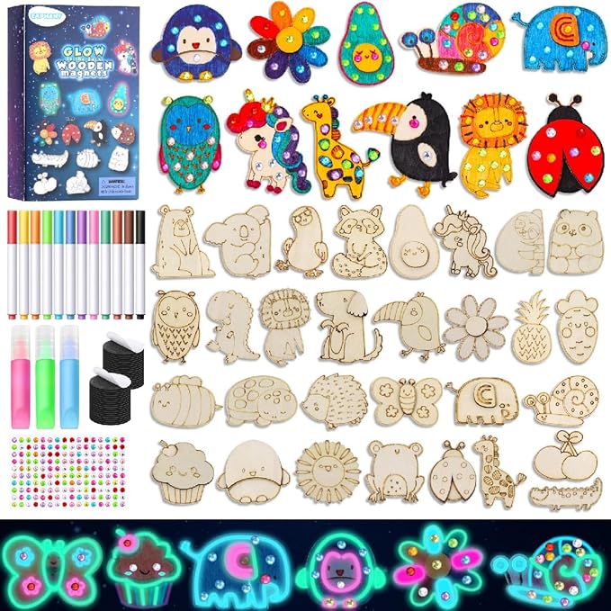 EAPHANT Kids Crafts, 30 PCS Kids Activities Arts and Crafts Painting Kits, Glow in The Dark Wooden Magnets to Paint