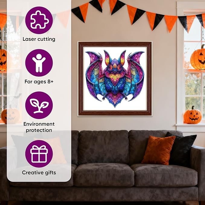 MEATRN Wooden Puzzles for Adults and Kids - Stained Glass Bat Wood Jigsaw Puzzle, Mystical Nocturnal Creature, Relaxing Family Game, Festival Decorative Gift, 503 Pcs, 16.7x16.3 in