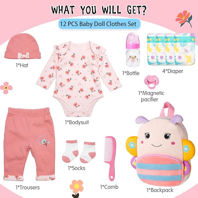 12 Pcs Reborn Baby Doll Clothes Floral Outfits for 17-22 Inch Reborn Dolls Girl with Backpack and Soft Diapers Babydoll Accessories