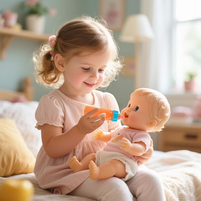 7 Pcs Baby Doll Accessories, 4 Doll Diapers for 14-18 Inch Doll, Magic Disappearing Milk & Juice Bottles with Toy Pacifier for Reborn Baby Doll Diapers and Feeding Bottle Toys Reusable