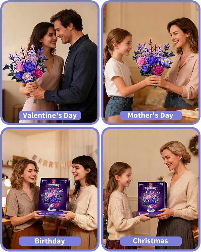 Flowers Bouquet Building Set - Purple Roses Botanical Collection Building Blocks for Adult Women, Artificial Flowers Gothic Home Decor Mother's Day Birthday Gift for Adults Kids Girls 6-12 (806PCS)