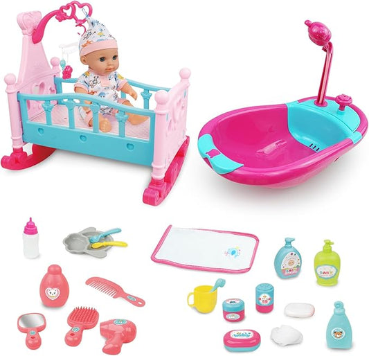 RedCrab 12" Baby Doll Toys Newborn Doll Bath and Bed Play Set - 2-in-1 Shaker and Bathtub with Shower Spray and 25pcs Accessories for Girls Pretend Play,Toy Gift Set for 3+ Year Old Kids