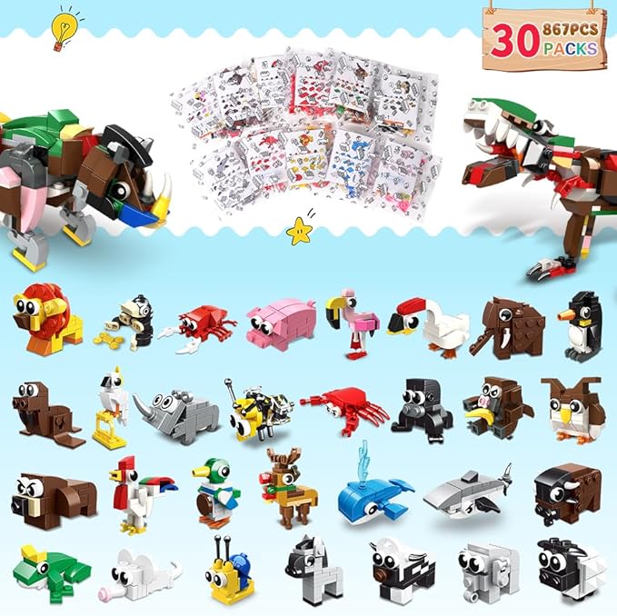HOGOKIDS 30 Packs Party Favors for Kids - 867PCS Animal Building Blocks Sets for Easter Classroom Gifts Prizes Goodie Bag Fillers Valentines Gift Exchange for Kids Boys Girls 6+
