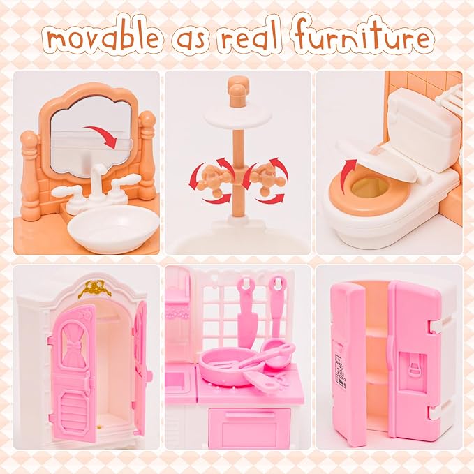 HAPGFS Doll House Mini Furniture 45 Pcs Dollhouse Furniture Set Accessories Pretend Play Bedroom Living Room Bathroom Kitchen for Kids Birthday and Christmas Mixed Color
