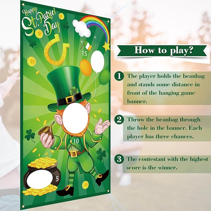 Skylety St. Patrick's Day Bean Bag Toss Game Party Favor Hanging Leprechaun Shamrock Toss Game Banner Photo Prop with 3 Bean Bags for St. Patrick's Day Party Supplies