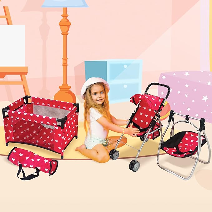 Deluxe Baby Doll Stroller with Crib Furniture Playset, Multi Baby Doll Accessories Set for 18" Dolls, Includes Doll Stroller Swing and Doll Bed Pretend Play for All Dolls - Pink