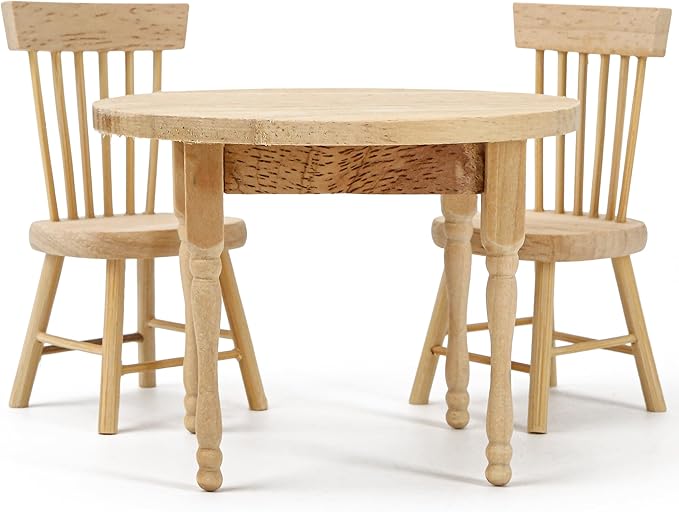 1/12 Miniature Dollhouse Round Table and 2 Chairs Dining Set, Mini Wooden Unpainted Burlywood Barbie Kitchen Furniture Accessories