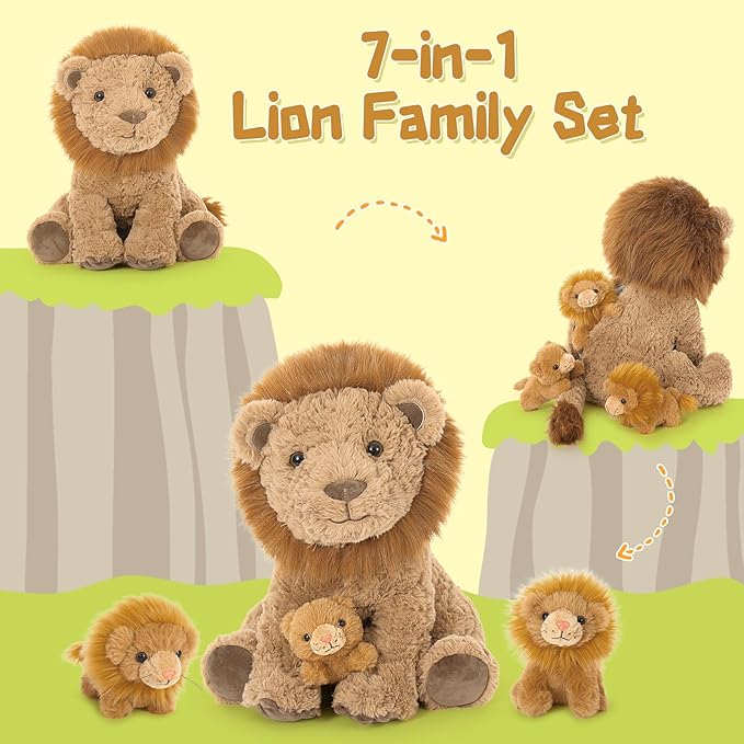 Tezituor 4 Piece Lion Plush Set,18 Inch Large Lion Stuffed Animals with 3 Cute Little Babies, Soft Cuddle Lion Plushies, Lions Stuffy Boys Girls Birthday Valentines Forest Party Decor
