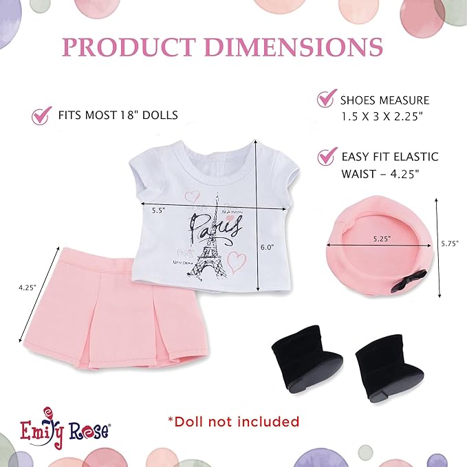 Emily Rose 18" Doll Paris Fashion Bundle - 7-Piece Chic Travel Outfit Set with Coat, Beret Hats, Graphic Tee & Ankle Boots - Gift Boxed French Style Clothes Compatible with American Girl Dolls