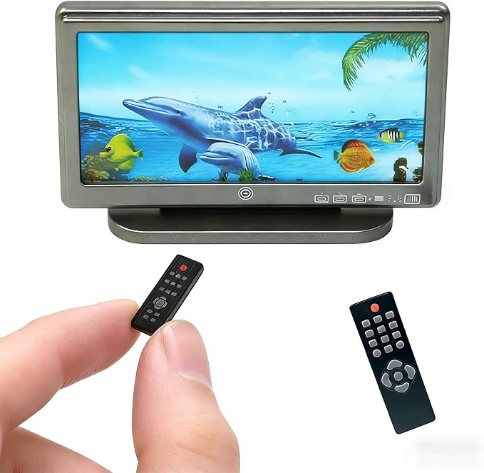 Mini Dollhouse TV Set, 1:12 Scale Miniature TV with Remote Control Tiny Decor for Dollhouse Furniture DIY (OceanTV)
