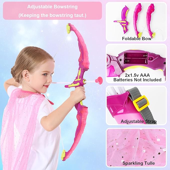 VGOFUN Kids Bow and Arrow Set: LED Light Up Archery Toy with Princess Cape and Headband, 10 Suction Cup Arrows, Outdoor Toys Gifts for 3-8 Year Old Girls (Archery Set with Butterfly Mask)