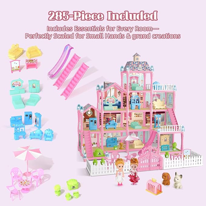 Doll House for Girls with Lights, 3 Dolls, 4 Floors -13 Rooms, 7 Sets of Furniture and Accessories, Design and Build Gift for 3 4 5 6 7 8+ Year Old Girls