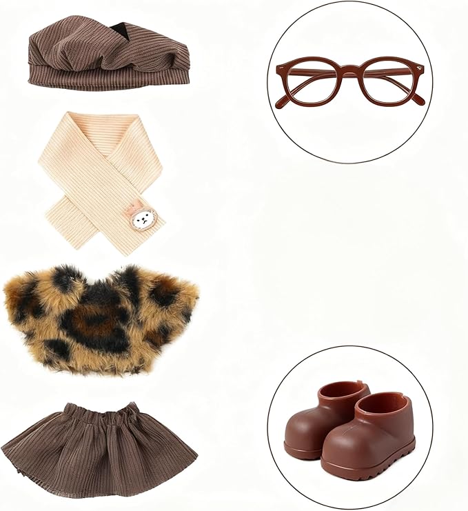 17cm Doll Clothes (NO Doll), Cute and Premium Dolls Outfit with Accessories Suit Cute Stylish Dress Up Set Patterned Skirt (Brown Kawaii)