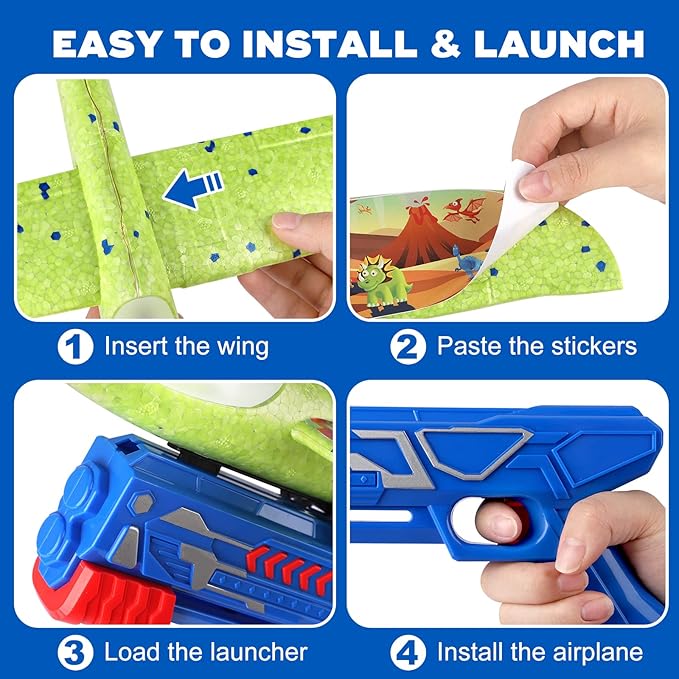 3 Pack Airplane Launcher Toy, 12.6" Foam 2 Flight Mode Led Plane Catapult Boy Toys with 3 DIY Stickers, Outdoor Flying Toys for Kids Gifts for 4 5 6 7 8 9 10 12 Year Old Boys Girls
