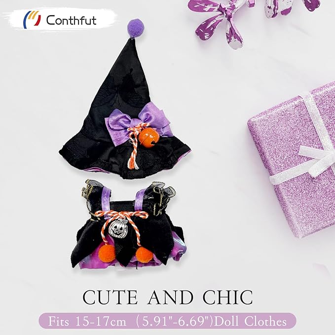 17cm Doll Clothes,Halloween Dress Witch Hat for Dolls Accessories,Clothes for Dolls Outfit,Halloween Clothes Set (No Doll)(Purple Dress+Hat)