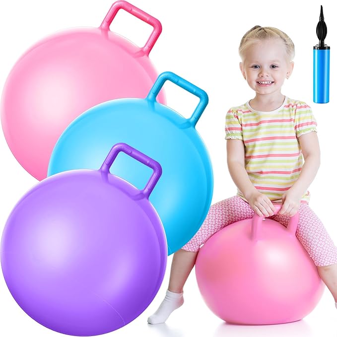 Lewtemi 3 Pcs 18 Inch Bouncing Ball with Handle, Outdoors Hopper Jumping Hopping Ball and Air Pump for Sports Exercise (Light Pink, Light Blue, Purple)