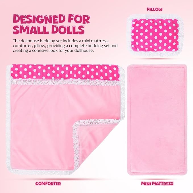 Mini Dollhouse Bedding Set 3 Piece for Dolls with Mattress Pillow Comforter Soft Fabric Dollhouse Bedroom Accessories 11.22X10.43 Inch