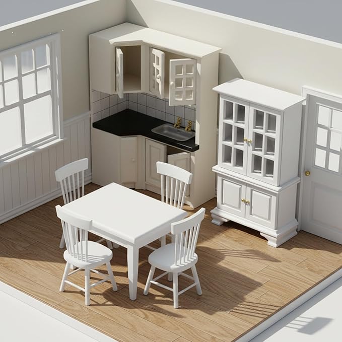 Miniature Dining Table & Chair Set for Dollhouse 1 12 Scale Wooden Furniture Model 5pcs Doll House Mini Classic Decoration Accessories DIY Hobby Gift (White)