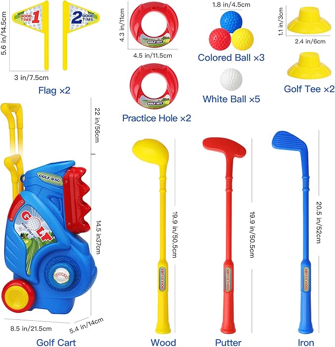 Toddler Golf Set for Boys Girls 1 2 3 4 Years Old, Upgraded Kids Golf Cart with 3 Clubs & 8 Balls, Outdoor Indoor Sports Toys Birthday Gift, Blue