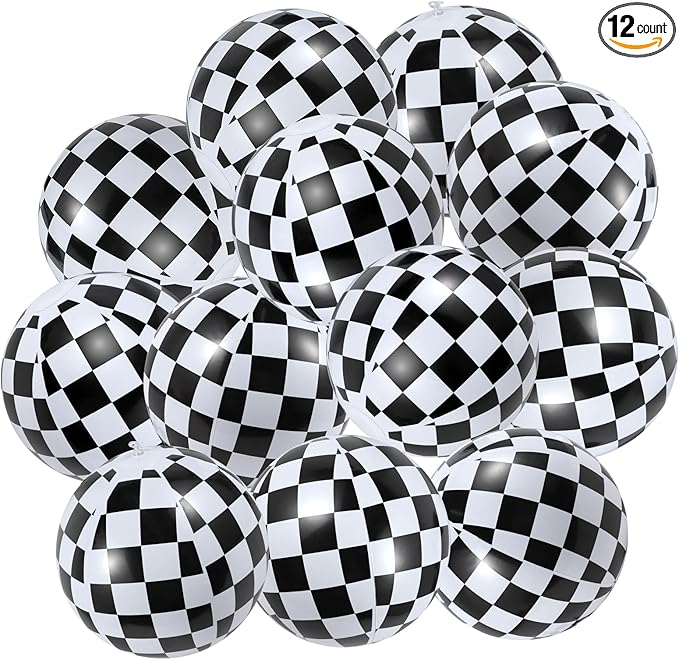 12 Pcs Black and White Checkered Flag Themed Beach Balls, Bulk 7.87” Inflatable Race Car Beach Balls for Kids Summer Pool and Beach Car Themed Birthday Party Favors Supplies Decorations