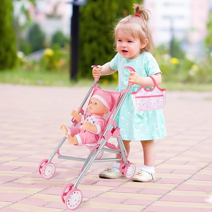 deAO Baby Doll Stroller Crib Bed Nursery Role Play Set Baby Doll Accessories and Play Mat,Travel Cot,Bouncer,Foldable Stroller and Travel Bag Birthday for Girls Boys Kids