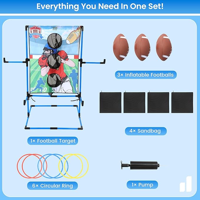 MABOZOO 2-in-1 Football Toss & Ring Toss Game Set for Kids, Dual Mode Indoor Outdoor Toys with 3 Inflatable Balls and 6 Rings, Football Throwing Target Games for Boys Girls 3-12