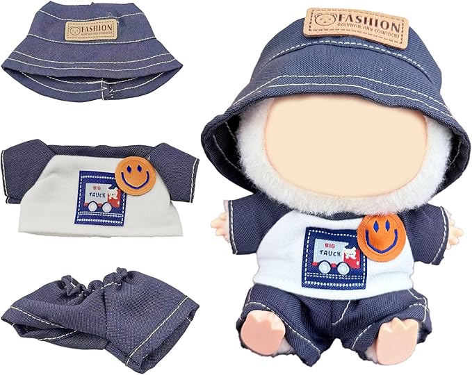 17cm Doll Clothes Set – Designer Blue Shirt Outfit with Hat, T-Shirt & Pants – Fits 17cm Sitting or Standing Dolls (No Doll)