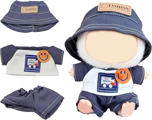 17cm Doll Clothes Set – Designer Blue Shirt Outfit with Hat, T-Shirt & Pants – Fits 17cm Sitting or Standing Dolls (No Doll)