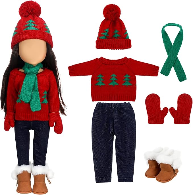 Bencailor 6 Pcs 18 Inch Christmas Doll Clothes and Accessories Winter Outfits Set Sweaters Trousers Hats Shoes Gloves for 18 Inch Doll Gifts(Red Green)