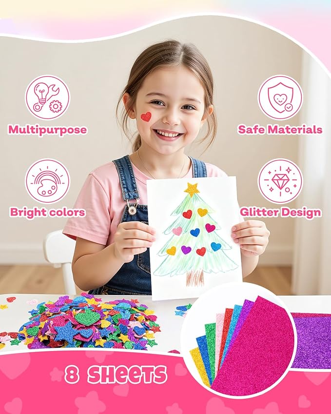1024PCS Glitter Foam Stickers for Kids - Self-Adhesive Heart & Star Shapes, Sparkle Craft Stickers for DIY Greeting Cards, Scrapbooking, Home Decor, Envelopes & Children's Art Projects