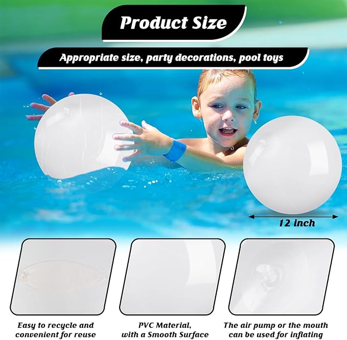 10 Pack White Beach Ball - 12Inch Blow Up Beach Ball Party Supplies for Kids, Inflatable Floating Balls for Summer Pool Parties, Outdoor Activities & Birthday Decorations(White)