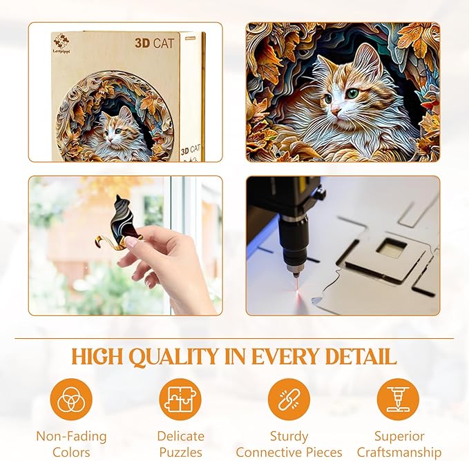 Wooden Puzzles for Adults, 3D Vision Effect-3D Cat Wood Puzzles Adult, Unique Shaped Wooden Jigsaw Puzzles, Creative Birthday Gifts for Friends/Family/Puzzle Lovers, Home Decor(L-13.4 * 13.4in 300pcs)