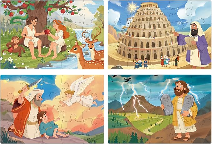 Bible Puzzles for Kids, 4-in-1 Wooden Jigsaw Puzzles in Box 15 Piece Each, Religious Christian Toys for Toddlers, Eden | Tower of Babel | Ten Commandments (Old Testament)