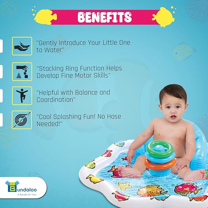 Bundaloo Baby Splash Pad with Inflatable Backrest and Stackable Ring Toys – Sensory Water Play Mat for Infants and Toddlers – Summer Outdoor Fun