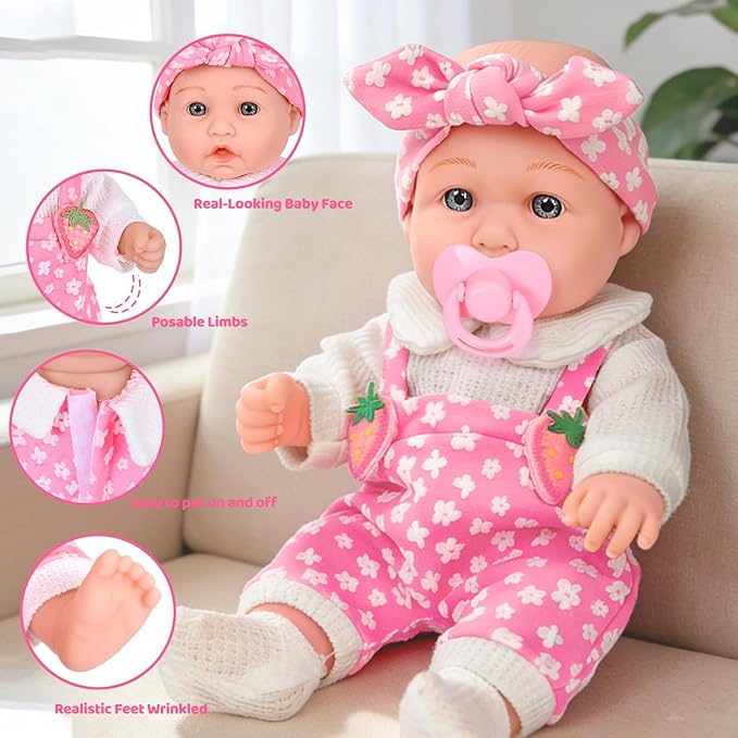 DONTNO 12" Baby Doll with Backpack Carrier in Gift Box,12 Inch Realistic Baby Dolls with Clothes and Accessories,Toy Pretend Play Collection for 3+ Child Girls Gifts