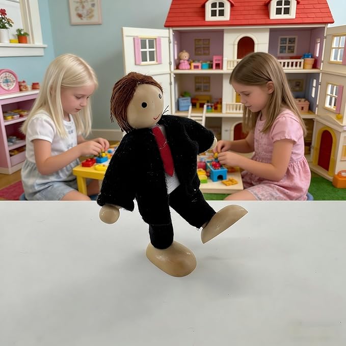 HYSTYLE 12 Pieces Wooden Dollhouse Family Set with Dog Cat Mini People Figures Dollhouse Dolls Wooden Doll Family Pretend Play Figures Accessories for Pretend Dollhouse (Style 4)