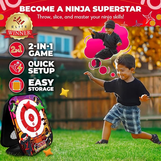 Swooc Games - Ninja Superstar™ | 2-in-1 Corn Hole Games for Kids | 5-Second Setup | Ninja Toys for Boys | Bean Bag Toss Game for Kids | Cornhole Game Set Outdoor | Outdoor Toys | Throwing Star