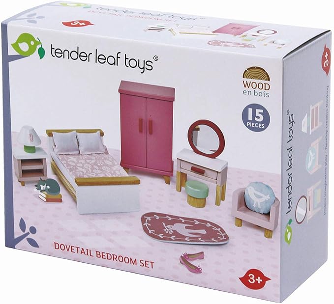 Tender Leaf Toys - Dovetail Dollhouse Accessories - Detailed Ultra Stylish Wooden Furniture Sets and Room Decor - Encourage Creative and Imaginative Fun Play for Children 3+ (Dovetail Bedroom Set)