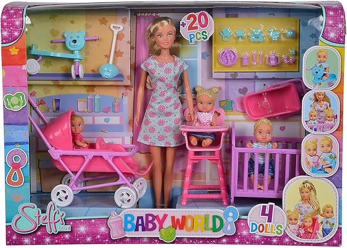 Simba Toys Steffi Love Baby World Set - Kindergarten Teacher Steffi Doll with Baby, Cot, Stroller, High Chair, and Bathtub, Ages 3+