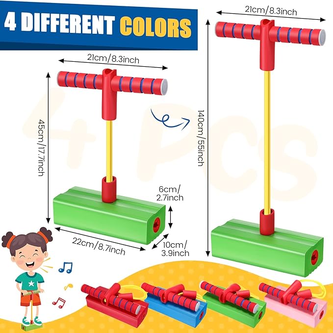 4 Pcs Pogo Stick Foam Pogo Jumper for Kids Foam Pogo Jumper Pogo Stick Toy Fun and Safe Jumping Stick for Teens Adults Outdoor Indoor Sports Gift,Makes Squeaky Sounds and Squeaks with Each Hop